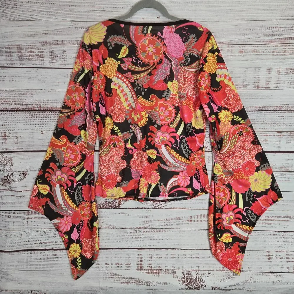 Boho Flower Power Hippy Top L 70s Psychedelic Silky Super Flare Sleeves Festival